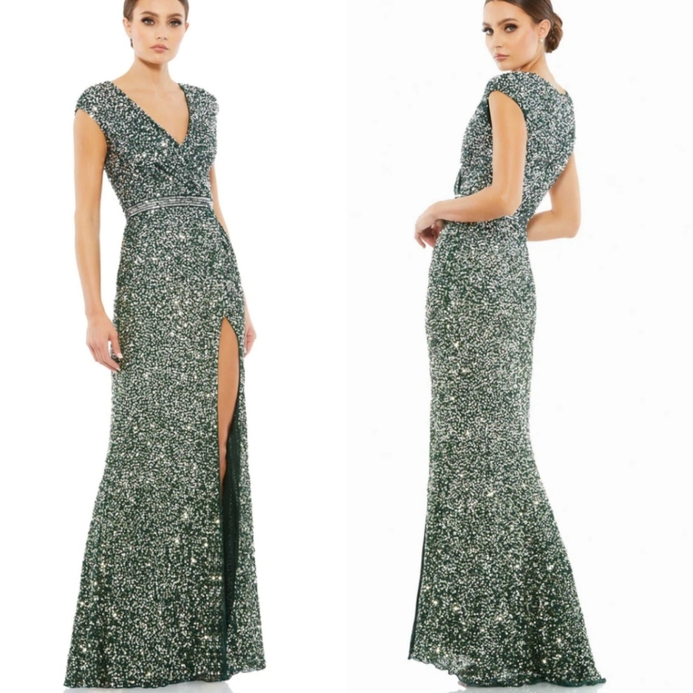 NWT Mac Duggal | Cap Sleeve Green Sequined High Slit Gown
